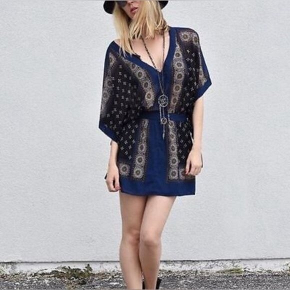 NWT Free People Printed Boho Chiffon Kimono Mini Dress Tunic - Picture 10 of 16